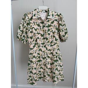 Aureum Floral Daisy Scalloped Trim Dress Medium Collar Puff Sleeve Cotton Lined